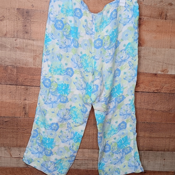 J.Jill 100% Linen Pull On Blue Green White Floral Crop Pants Size Large - Picture 2 of 6